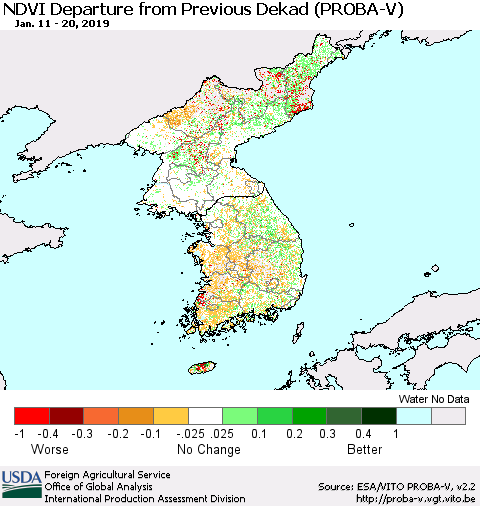 Korea NDVI Departure from Previous Dekad (PROBA-V) Thematic Map For 1/11/2019 - 1/20/2019
