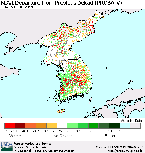 Korea NDVI Departure from Previous Dekad (PROBA-V) Thematic Map For 1/21/2019 - 1/31/2019