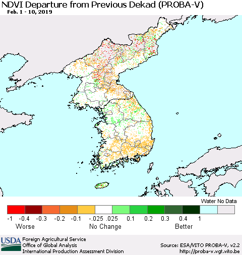 Korea NDVI Departure from Previous Dekad (PROBA-V) Thematic Map For 2/1/2019 - 2/10/2019