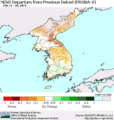 Korea NDVI Departure from Previous Dekad (PROBA-V) Thematic Map For 2/11/2019 - 2/20/2019