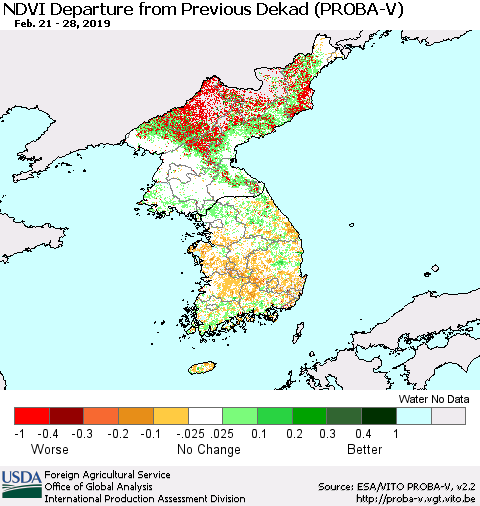 Korea NDVI Departure from Previous Dekad (PROBA-V) Thematic Map For 2/21/2019 - 2/28/2019