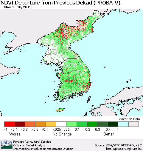 Korea NDVI Departure from Previous Dekad (PROBA-V) Thematic Map For 3/1/2019 - 3/10/2019