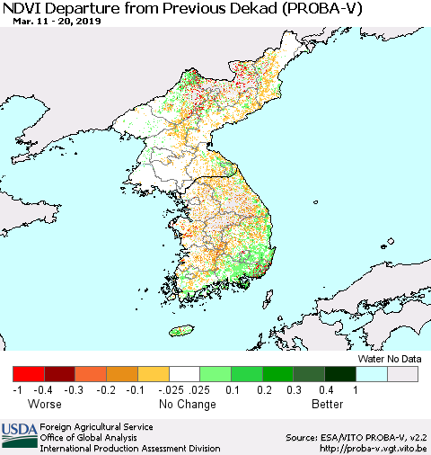 Korea NDVI Departure from Previous Dekad (PROBA-V) Thematic Map For 3/11/2019 - 3/20/2019