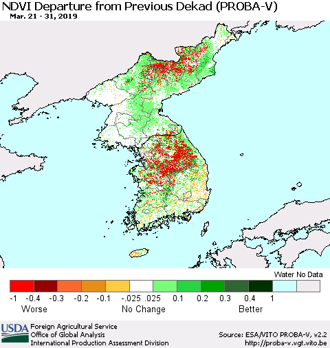 Korea NDVI Departure from Previous Dekad (PROBA-V) Thematic Map For 3/21/2019 - 3/31/2019