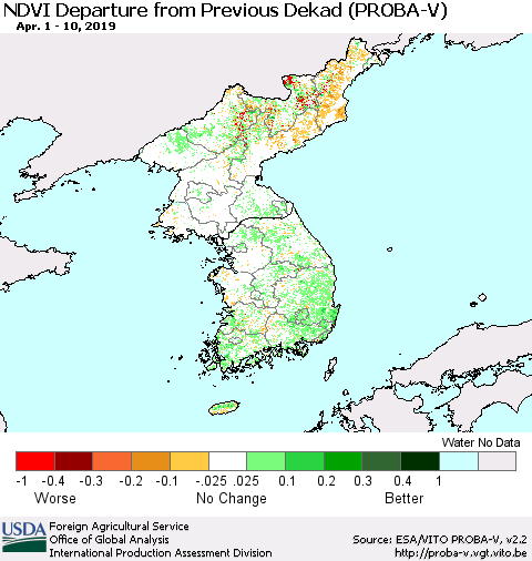 Korea NDVI Departure from Previous Dekad (PROBA-V) Thematic Map For 4/1/2019 - 4/10/2019