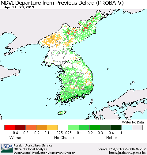 Korea NDVI Departure from Previous Dekad (PROBA-V) Thematic Map For 4/11/2019 - 4/20/2019