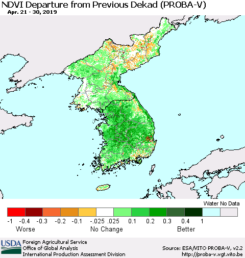 Korea NDVI Departure from Previous Dekad (PROBA-V) Thematic Map For 4/21/2019 - 4/30/2019