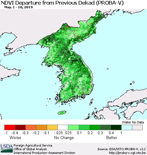 Korea NDVI Departure from Previous Dekad (PROBA-V) Thematic Map For 5/1/2019 - 5/10/2019
