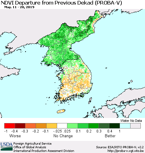 Korea NDVI Departure from Previous Dekad (PROBA-V) Thematic Map For 5/11/2019 - 5/20/2019