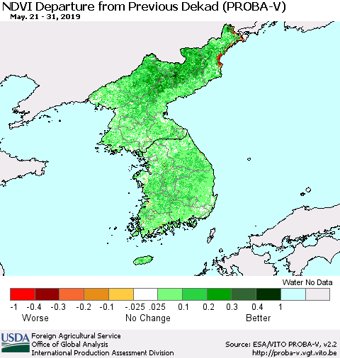 Korea NDVI Departure from Previous Dekad (PROBA-V) Thematic Map For 5/21/2019 - 5/31/2019