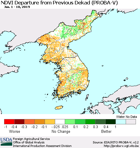 Korea NDVI Departure from Previous Dekad (PROBA-V) Thematic Map For 6/1/2019 - 6/10/2019