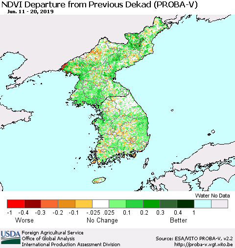 Korea NDVI Departure from Previous Dekad (PROBA-V) Thematic Map For 6/11/2019 - 6/20/2019