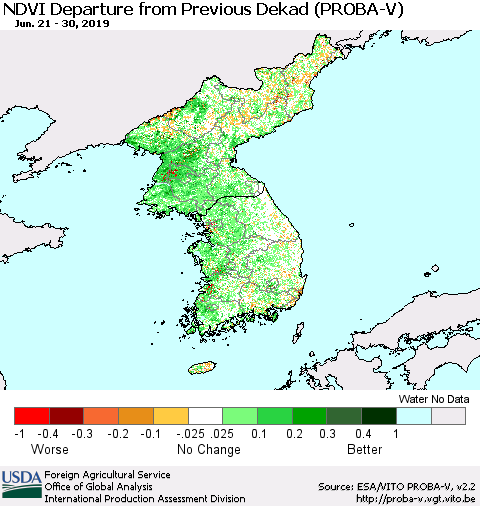 Korea NDVI Departure from Previous Dekad (PROBA-V) Thematic Map For 6/21/2019 - 6/30/2019
