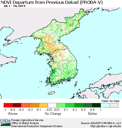 Korea NDVI Departure from Previous Dekad (PROBA-V) Thematic Map For 7/1/2019 - 7/10/2019