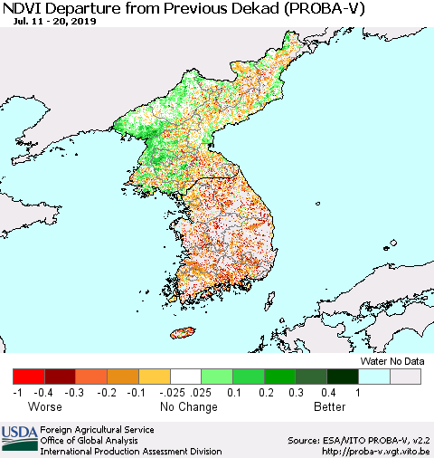 Korea NDVI Departure from Previous Dekad (PROBA-V) Thematic Map For 7/11/2019 - 7/20/2019