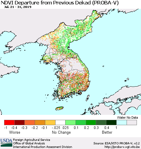 Korea NDVI Departure from Previous Dekad (PROBA-V) Thematic Map For 7/21/2019 - 7/31/2019