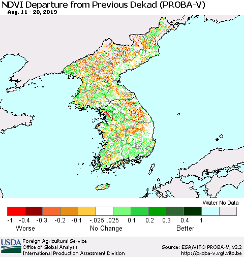 Korea NDVI Departure from Previous Dekad (PROBA-V) Thematic Map For 8/11/2019 - 8/20/2019