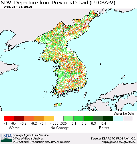 Korea NDVI Departure from Previous Dekad (PROBA-V) Thematic Map For 8/21/2019 - 8/31/2019