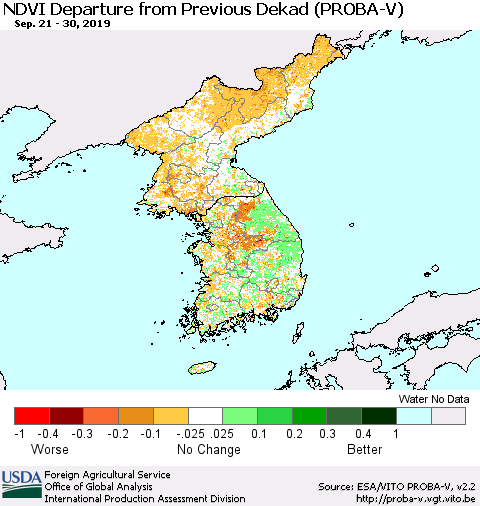 Korea NDVI Departure from Previous Dekad (PROBA-V) Thematic Map For 9/21/2019 - 9/30/2019