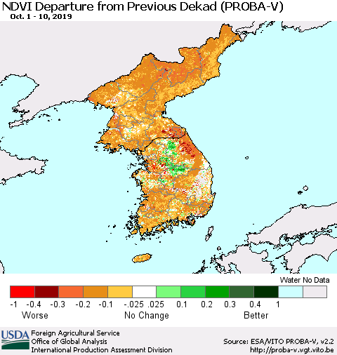 Korea NDVI Departure from Previous Dekad (PROBA-V) Thematic Map For 10/1/2019 - 10/10/2019