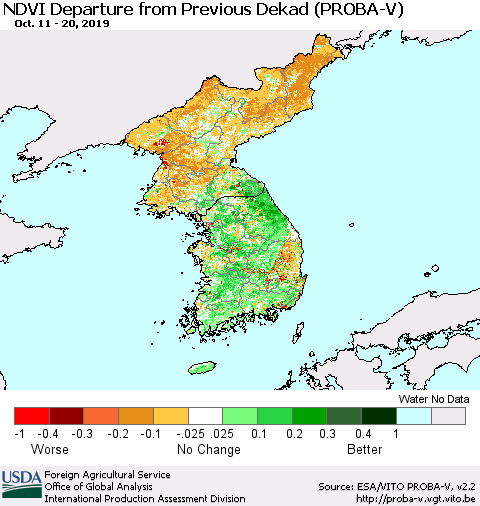 Korea NDVI Departure from Previous Dekad (PROBA-V) Thematic Map For 10/11/2019 - 10/20/2019