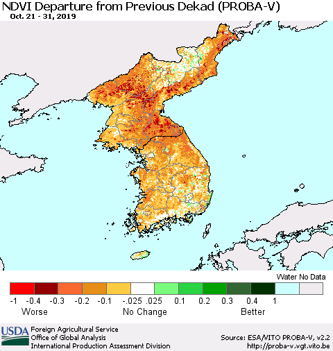 Korea NDVI Departure from Previous Dekad (PROBA-V) Thematic Map For 10/21/2019 - 10/31/2019