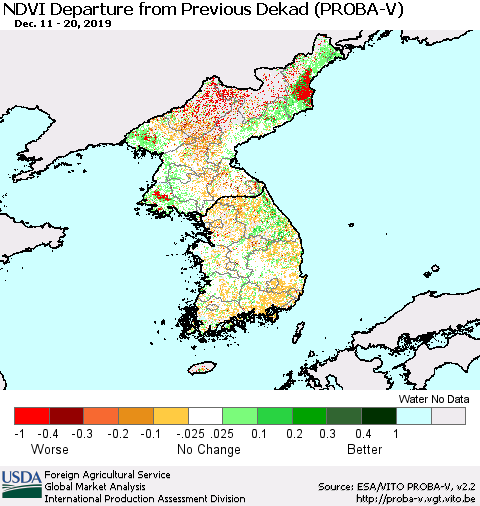 Korea NDVI Departure from Previous Dekad (PROBA-V) Thematic Map For 12/11/2019 - 12/20/2019