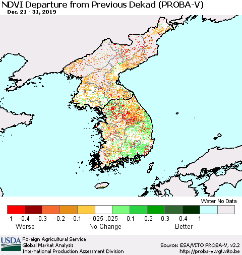 Korea NDVI Departure from Previous Dekad (PROBA-V) Thematic Map For 12/21/2019 - 12/31/2019
