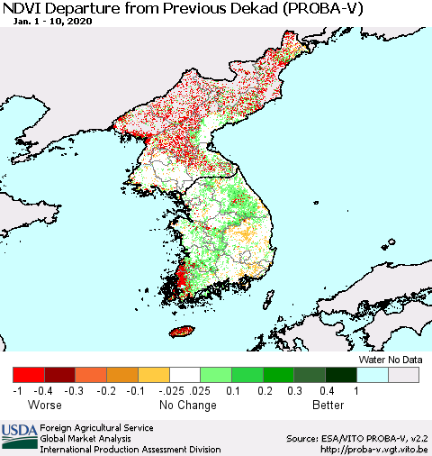 Korea NDVI Departure from Previous Dekad (PROBA-V) Thematic Map For 1/1/2020 - 1/10/2020