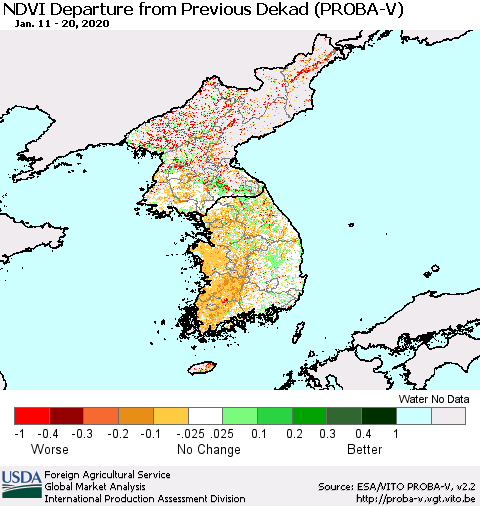 Korea NDVI Departure from Previous Dekad (PROBA-V) Thematic Map For 1/11/2020 - 1/20/2020