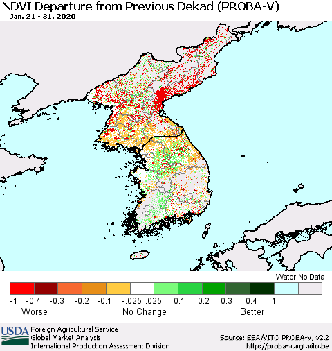 Korea NDVI Departure from Previous Dekad (PROBA-V) Thematic Map For 1/21/2020 - 1/31/2020