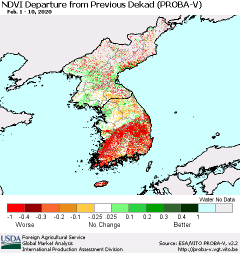 Korea NDVI Departure from Previous Dekad (PROBA-V) Thematic Map For 2/1/2020 - 2/10/2020