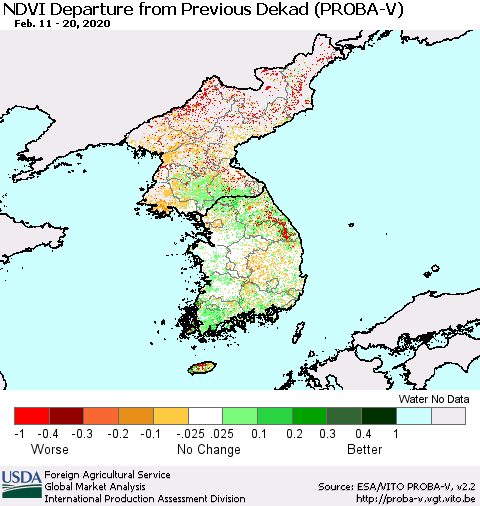 Korea NDVI Departure from Previous Dekad (PROBA-V) Thematic Map For 2/11/2020 - 2/20/2020
