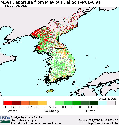 Korea NDVI Departure from Previous Dekad (PROBA-V) Thematic Map For 2/21/2020 - 2/29/2020