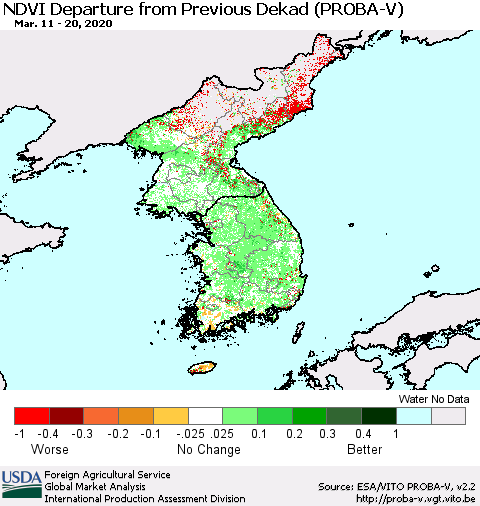 Korea NDVI Departure from Previous Dekad (PROBA-V) Thematic Map For 3/11/2020 - 3/20/2020