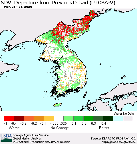 Korea NDVI Departure from Previous Dekad (PROBA-V) Thematic Map For 3/21/2020 - 3/31/2020