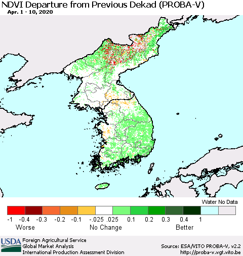 Korea NDVI Departure from Previous Dekad (PROBA-V) Thematic Map For 4/1/2020 - 4/10/2020