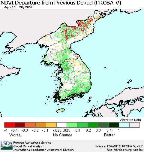 Korea NDVI Departure from Previous Dekad (PROBA-V) Thematic Map For 4/11/2020 - 4/20/2020