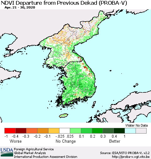 Korea NDVI Departure from Previous Dekad (PROBA-V) Thematic Map For 4/21/2020 - 4/30/2020