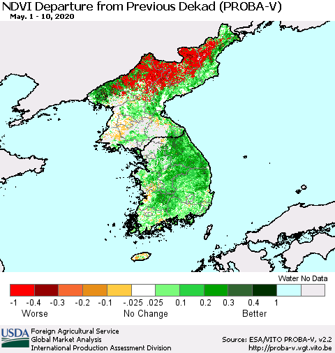 Korea NDVI Departure from Previous Dekad (PROBA-V) Thematic Map For 5/1/2020 - 5/10/2020