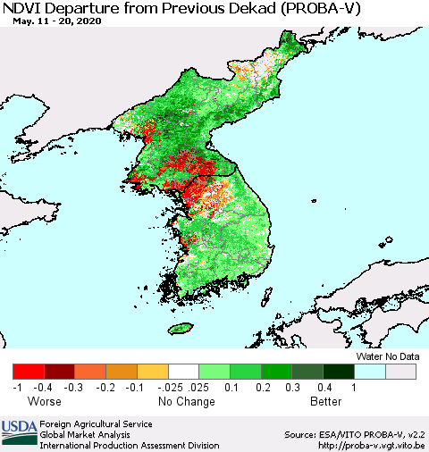 Korea NDVI Departure from Previous Dekad (PROBA-V) Thematic Map For 5/11/2020 - 5/20/2020