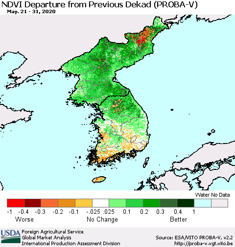 Korea NDVI Departure from Previous Dekad (PROBA-V) Thematic Map For 5/21/2020 - 5/31/2020