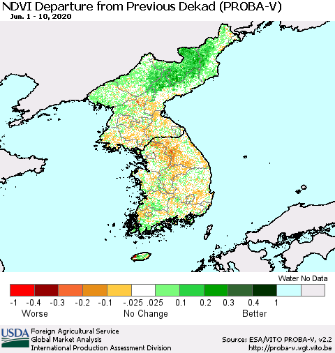 Korea NDVI Departure from Previous Dekad (PROBA-V) Thematic Map For 6/1/2020 - 6/10/2020