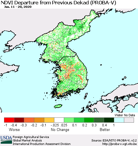 Korea NDVI Departure from Previous Dekad (PROBA-V) Thematic Map For 6/11/2020 - 6/20/2020