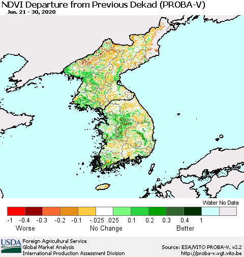 Korea NDVI Departure from Previous Dekad (PROBA-V) Thematic Map For 6/21/2020 - 6/30/2020