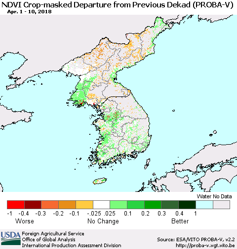 Korea NDVI Crop-masked Departure from Previous Dekad (PROBA-V) Thematic Map For 4/1/2018 - 4/10/2018