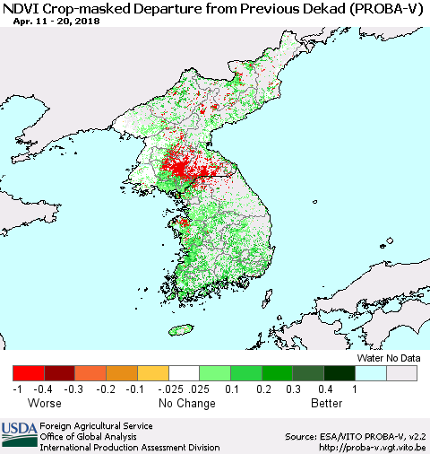 Korea NDVI Crop-masked Departure from Previous Dekad (PROBA-V) Thematic Map For 4/11/2018 - 4/20/2018