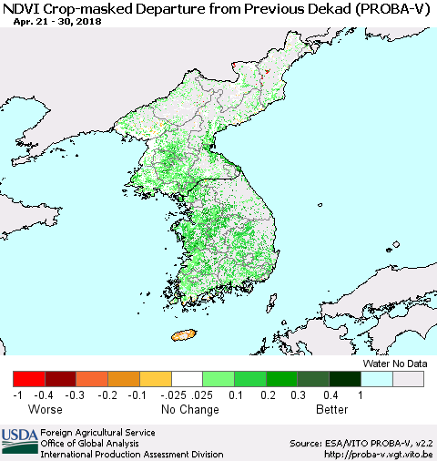 Korea NDVI Crop-masked Departure from Previous Dekad (PROBA-V) Thematic Map For 4/21/2018 - 4/30/2018