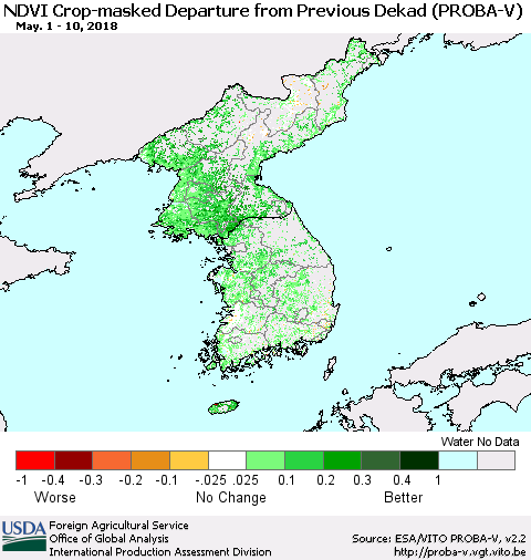 Korea NDVI Crop-masked Departure from Previous Dekad (PROBA-V) Thematic Map For 5/1/2018 - 5/10/2018