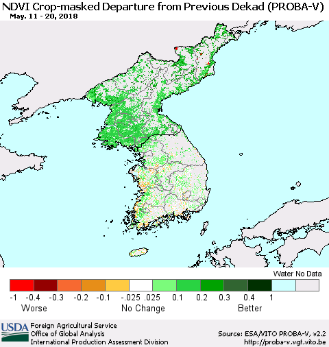 Korea NDVI Crop-masked Departure from Previous Dekad (PROBA-V) Thematic Map For 5/11/2018 - 5/20/2018